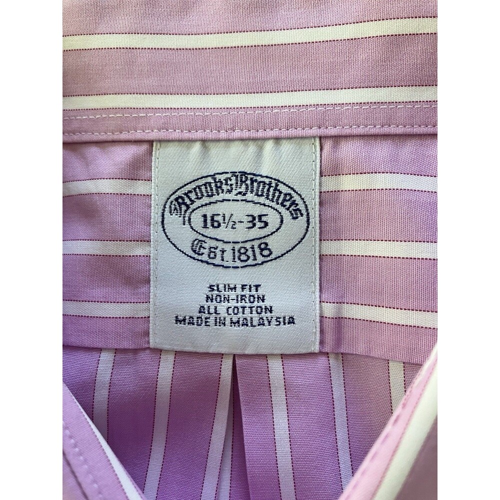 Brooks Brothers Slim Fit Shirt 16.5 35 Pink Stripe Non Iron Cotton Tiny Pen Mark - Picture 4 of 6
